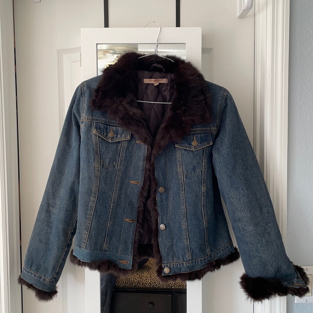 Mojo Moda Denim Jacket with Rabbit Fur Trim